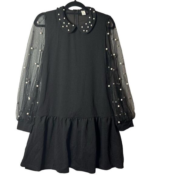 Dress Womens S Black Pearl‎ Beaded Tie Neck Mesh Bishop Sleeve Wedding Formal - Picture 1 of 9